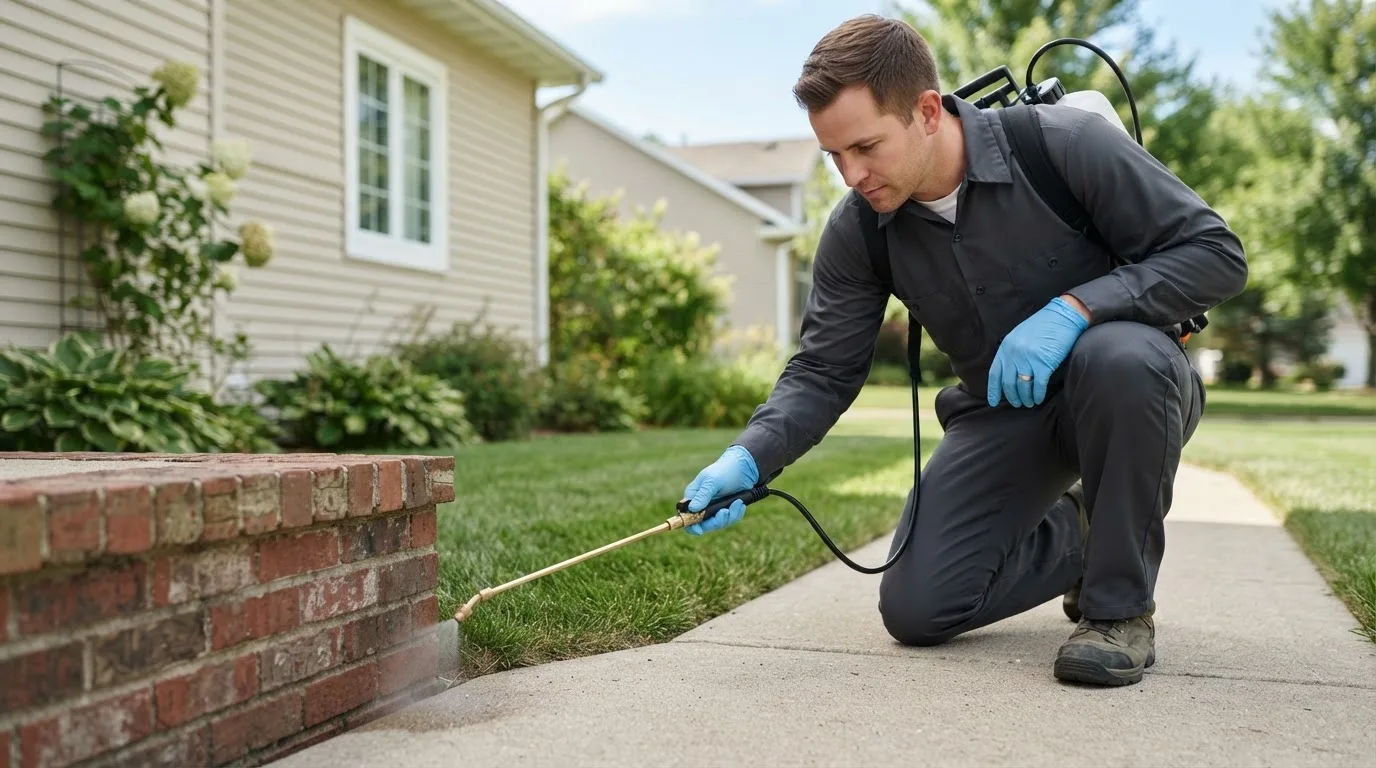 Pest control technician treating a home near Linden, IA