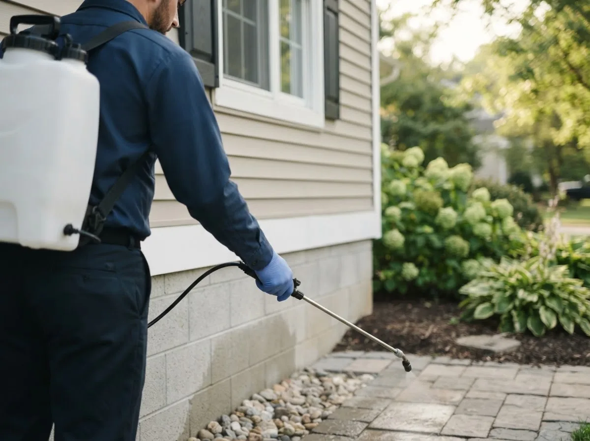 Pest control technician inspecting a home in Linden, IA
